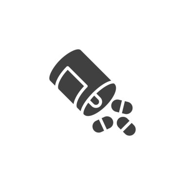 İlaç hapları şişe vektör ikonu. Mobil konsept ve web tasarımı için düz tabela. Kapsül hapları kabartma simgesi. Sembol, logo çizimi. Vektör grafikleri