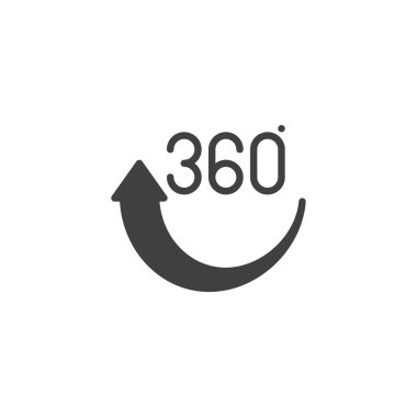 360 döndürme ok vektör simgesi. Panoramik görünüm mobil konsept ve web tasarımı için düz tabela doldurdu. 360 Derece Görünüm simgesi. VR teknoloji sembolü, logo illüstrasyonu. Vektör grafikleri