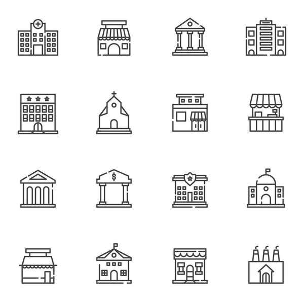 Cidade edifícios conjunto de ícones de linha — Vetor de Stock