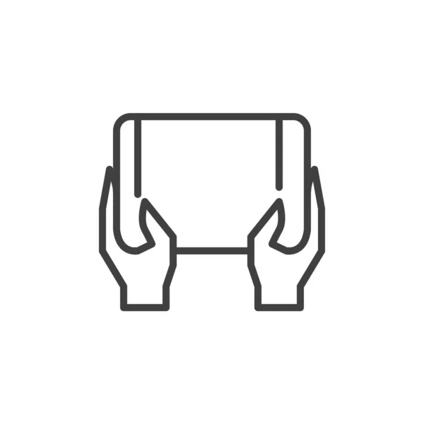 Manos sosteniendo icono de línea tableta — Vector de stock
