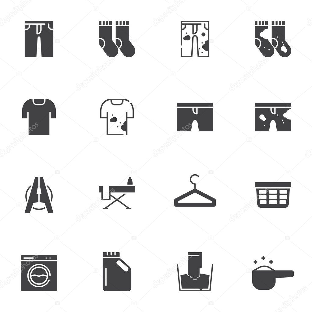 Laundry vector icons set, modern solid symbol collection, filled style pictogram pack. Signs, logo illustration. Set includes icons as dirty clothes, socks, pants, washing machine, detergent bottle