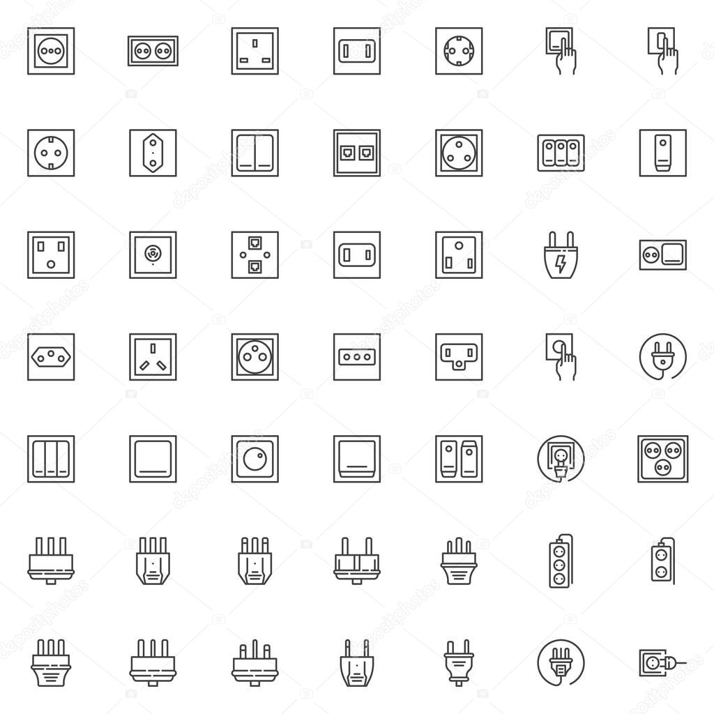 Electric plug and socket line icons set. linear style symbols collection outline signs pack. vector graphics. Set includes icons as power switches type, electrical socket, toggle switch, turn on light
