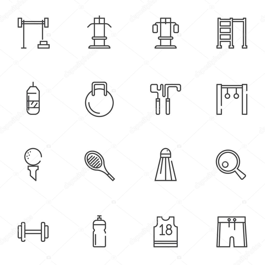 Sports equipment line icons set. linear style symbols collection outline signs pack. vector graphics. Set includes icons as fitness dumbbells, kettlebell, exercise machine, skipping rope, water bottle