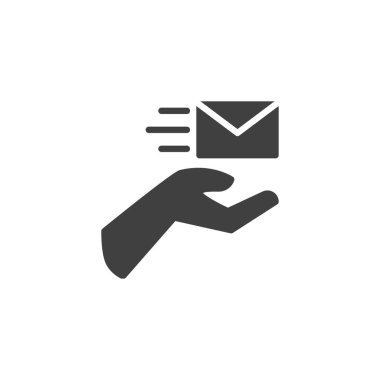 Zarf vektör simgesiyle el. Mobil konsept ve web tasarımı için düz tabela. Posta teslimat simgesi ekspres. Sembol, logo çizimi. Vektör grafikleri