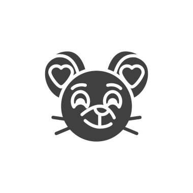 Aşk sıçanı ikonu ikonunda. Mobil konsept ve web tasarımı için düz tabela. Sevgi dolu fare suratlı emoji simgesi. Çince 2020 yılı fare sembolü, logo illüstrasyonu. Vektör grafikleri