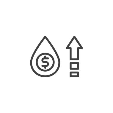 Petrol fiyatları büyüme çizgisi simgesi. Mobil konsept ve web tasarımı için doğrusal biçim işareti. Petrol maliyeti artıyor ve dolar para ana hatları vektör ikonu. Sembol, logo çizimi. Vektör grafikleri