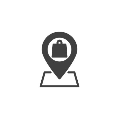 Takip vektör simgesi satın al. Mobil konsept ve web tasarımı için düz tabela. Alışveriş poşeti sembollü harita işaretleyicisi. Sembol, logo çizimi. Vektör grafikleri