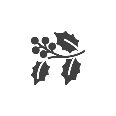 Holly böğürtlen dalı vektör simgesi. Mobil konsept ve web tasarımı için düz tabela. Noel meyveleri kabartma simgesi bırakır. Sembol, logo çizimi. Vektör grafikleri