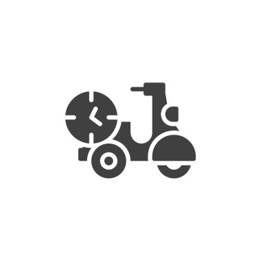 Scooter teslimatı zaman vektör simgesi. Mobil konsept ve web tasarımı için saati düz tabelalı motosiklet. Ekspres dağıtım simgesi. Sembol, logo çizimi. Vektör grafikleri