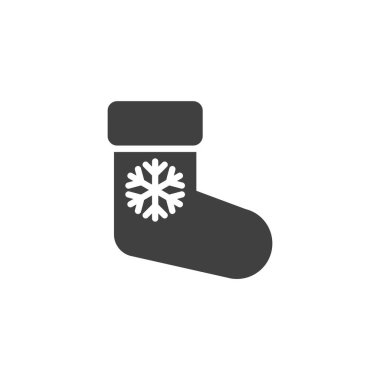 Kar tanesi vektör ikonlu Noel çorabı. Mobil konsept ve web tasarımı için düz tabela. Xmas dekorasyon çorap kabartma simgesi. Sembol, logo çizimi. Vektör grafikleri