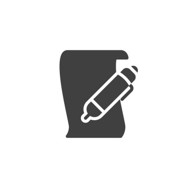 Kalem ve parşömen kağıt vektör simgesi. Mobil konsept ve web tasarımı için düz tabela. Kağıt parşömen sembollü kalem. Sembol, logo çizimi. Vektör grafikleri