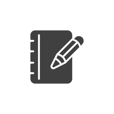 Kalem ve defter sayfası vektör simgesi. Mobil konsept ve web tasarımı için düz tabela. Kalem sembollü not defteri kağıdı. Form sembolü, logo illüstrasyonu yazılıyor. Vektör grafikleri