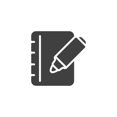 Keçeli kalem ve defter sayfası vektör simgesi. Mobil konsept ve web tasarımı için düz tabela. İşaretli kalem sembollü not defteri kağıdı. Form sembolü, logo illüstrasyonu yazılıyor. Vektör grafikleri