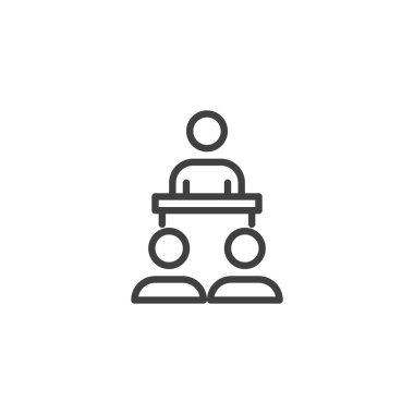 İş semineri hoparlör hattı ikonu. Mobil konsept ve web tasarımı için doğrusal biçim işareti. İş eğitimi toplantısı ana hatlı vektör ikonu. Sembol, logo çizimi. Vektör grafikleri