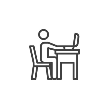 Dizüstü bilgisayar hattı ikonu üzerinde çalışan bir adam. Mobil konsept ve web tasarımı için doğrusal biçim işareti. İş yerinde elinde bilgisayar taslak vektör ikonu olan bir adam oturuyor. Sembol, logo çizimi. Vektör grafikleri