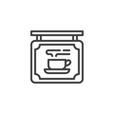 Kahve dükkanı tabela ikonu. Mobil konsept ve web tasarımı için doğrusal biçim işareti. Kahve fincanı çizgili tabela vektör ikonu. Sembol, logo çizimi. Vektör grafikleri