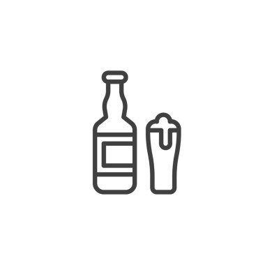 Bira şişesi, bira çizgisi ikonu. Mobil konsept ve web tasarımı için doğrusal biçim işareti. Bir bardak bira ve şişe taslak vektör ikonu. Meyve suyu sembolü, logo illüstrasyonu. Vektör grafikleri