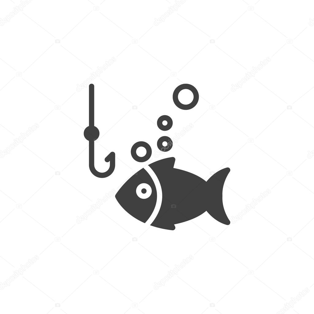 Fishing hook and fish vector icon. filled flat sign for mobile concept and web design. Fish bait hook glyph icon. Symbol, logo illustration. Vector graphics