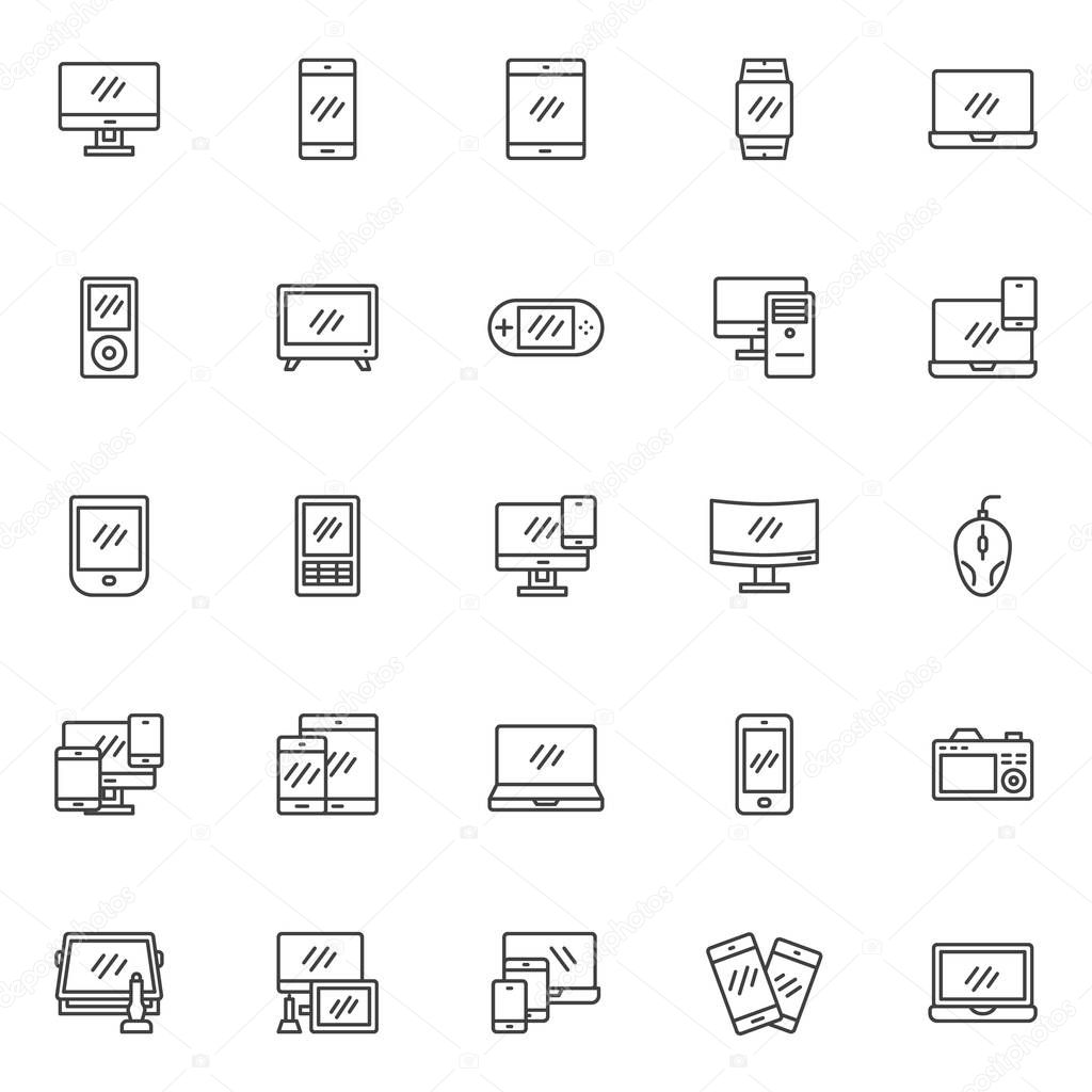 Digital devices line icons set. linear style symbols collection, outline signs pack. vector graphics. Set includes icons as computer monitor screen, smartphone, laptop, graphics tablet, smartwatch