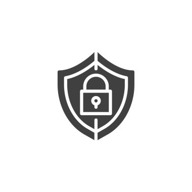 Kalkan ve vektör simgesini kilitle. Mobil konsept ve web tasarımı için düz tabela. Güvenlik asma kilit simgesi. Güvenlik, koruma sembolü, logo çizimi. Vektör grafikleri