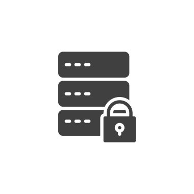 Veritabanı, sunucu güvenlik vektör simgesi. Mobil konsept ve web tasarımı için düz tabela. Veri koruma kilidi simgesi. Sembol, logo çizimi. Vektör grafikleri