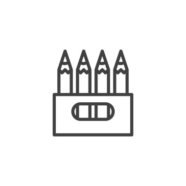 Kalem kutusu çizgisi simgesi. Mobil konsept ve web tasarımı için doğrusal biçim işareti. Boya kalemleri açık kutu ana hatlı vektör simgesinde. Sembol, logo çizimi. Vektör grafikleri