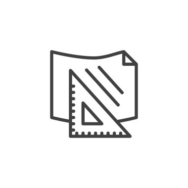 Kağıt ve üçgen cetvel çizgisi simgesi. Mobil konsept ve web tasarımı için doğrusal stil işareti. Mimari araç ana hatları vektör simgesi. Sembol, logo çizimi. Vektör grafikleri