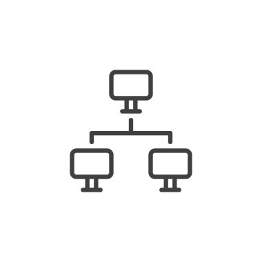 Bilgisayar ağı bağlantı hattı simgesi. Mobil konsept ve web tasarımı için doğrusal biçim işareti. Yerel, Ian, bağlantı ana hatları vektör simgesi. Sembol, logo çizimi. Vektör grafikleri