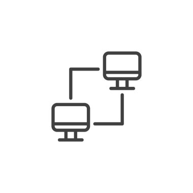 Bağlı bilgisayar satırı simgesi. Mobil konsept ve web tasarımı için doğrusal biçim işareti. Bilgisayar ağı bağlantı ana hatları vektör simgesi. Sembol, logo çizimi. Vektör grafikleri