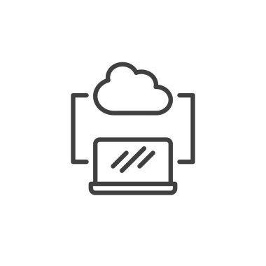 Laptop ve bulut çizgisi simgesi. Mobil konsept ve web tasarımı için doğrusal biçim işareti. Bulut hesaplama Ağı ana hatlı vektör simgesi. Sembol, logo çizimi. Vektör grafikleri