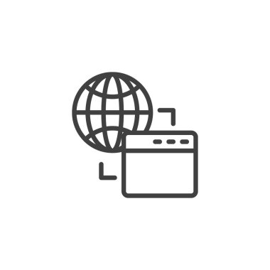 Genel ağ bağlantı hattı simgesi. Mobil konsept ve web tasarımı için dünya ve web sayfası lineer stil işareti. İnternet tarayıcısı ana hatlara bağlı vektör simgesi. Sembol, logo çizimi. Vektör grafikleri