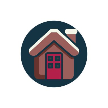 Noel Evi ikonu. Yuvarlak renkli düğme, baca dairesel işaretli ev. Düz biçim tasarımı