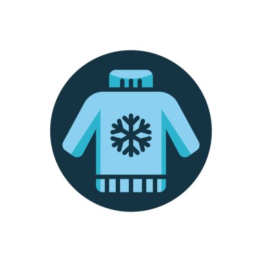 Kar tanesi düz ikonlu süveter. Yuvarlak renkli düğme, dairesel vektör işareti. Noel süveteri düz stil tasarımı