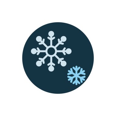 Büyük ve küçük kar tanesi düz simgesi. Yuvarlak renkli düğme, kar dairesel vektör işaretini bozar. Düz biçim tasarımı