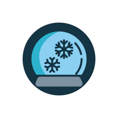 Kar tanesi düz simgeli Noel topu. Yuvarlak renkli düğme, dairesel vektör işareti. Kar küresi düz stil tasarımı