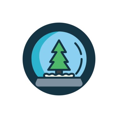 Xmas ağacı düz ikonlu kar küresi. Yuvarlak renkli düğme, dairesel vektör işareti. Yeni yıl kar küresi düz stil tasarımı