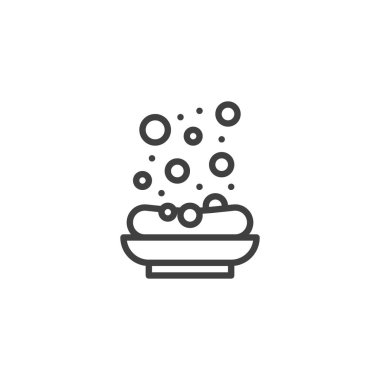 Sabun ve köpük çizgisi ikonu. Mobil konsept ve web tasarımı için doğrusal biçim işareti. Sabun çanağı ana hatlı vektör ikonu. Sembol, logo çizimi. Vektör grafikleri