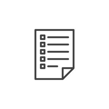 Kontrol listesi simgesi. Mobil konsept ve web tasarımı için metin dosyası doğrusal işareti. Anket belgesi ana hatları vektör simgesi. Anket sembolü, logo illüstrasyonu. Vektör grafikleri