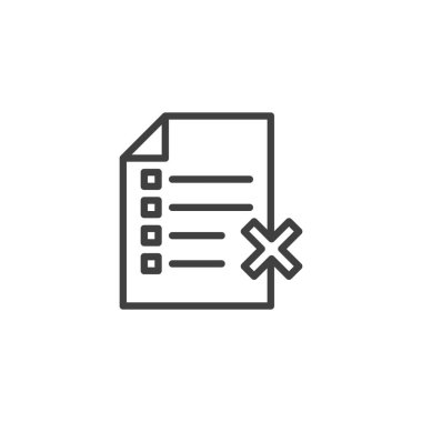 Belge satırı simgesini reddet. Mobil konsept ve web tasarımı için dosya doğrusal stil işaretini sil. Çapraz iz vektör simgesine sahip kontrol listesi. Sembol, logo çizimi. Vektör grafikleri