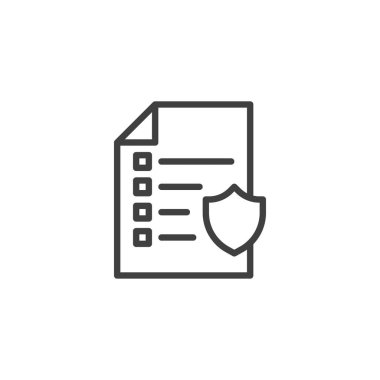 Sigorta poliçesi ikonu. Mobil konsept ve web tasarımı için doğrusal biçim işareti. Kontrol listesi ve kalkan ana hat vektör simgesi. Sembol, logo çizimi. Vektör grafikleri