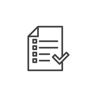 İşaretleme satırı simgesine sahip kontrol listesi. Mobil konsept ve web tasarımı için doğrusal biçim işareti. Onaylanmış onay listesi ana hatları vektör simgesi. Sembol, logo çizimi. Vektör grafikleri