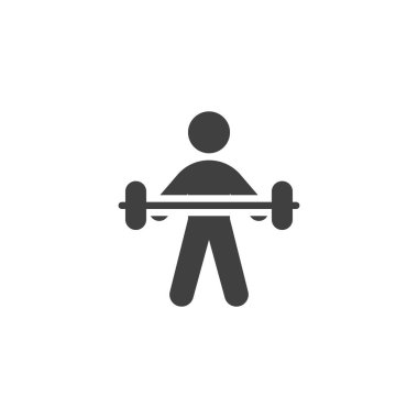 Halter vektör ikonu olan bir adam. Mobil konsept ve web tasarımı için düz tabela. Halterci egzersizi halter sembolü ile. Sembol, logo çizimi. Vektör grafikleri