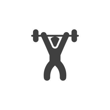 Ağırlık kaldırma antrenmanı vektör simgesi. Mobil konsept ve web tasarımı için düz tabela. Adam halter ağırlığı simgesini kaldırdı. Sembol, logo çizimi. Vektör grafikleri