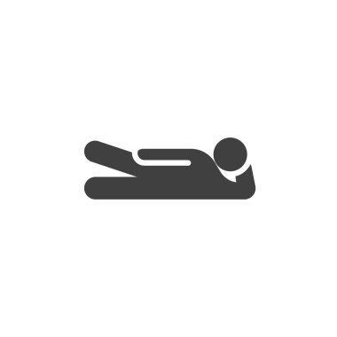 Bacak, pilates konum vektör simgesini kaldırır. Mobil konsept ve web tasarımı için düz tabela. Bacak kaldırma egzersizi simgesi yapan adam. Sembol, logo çizimi. Vektör grafikleri