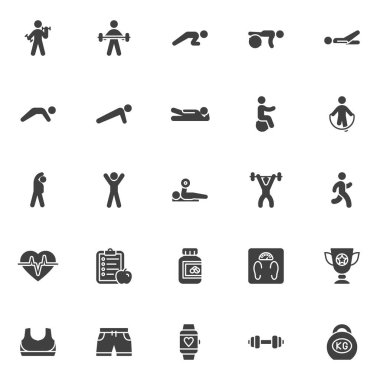 Fitness egzersiz vektör simgeleri seti, spor ekipmanları modern katı sembol koleksiyonu, doldurulmuş pictogram paketi. İşaretler, logo illüstrasyonu. Ağırlık, kettlebell, halter, dambıl olarak simgeleri içerir
