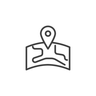 Harita işaretleme çizgisi simgesi. Mobil konsept ve web tasarımı için coğrafi konum doğrusal işaret. Harita ve konum kodu ana vektör simgesi. Coğrafya sembolü, logo çizimi. Vektör grafikleri