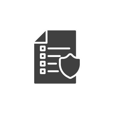 Sigorta poliçesi vektör simgesi. Mobil konsept ve web tasarımı için düz tabela. Kontrol listesi ve kalkan simgesi simgesi. Sembol, logo çizimi. Vektör grafikleri