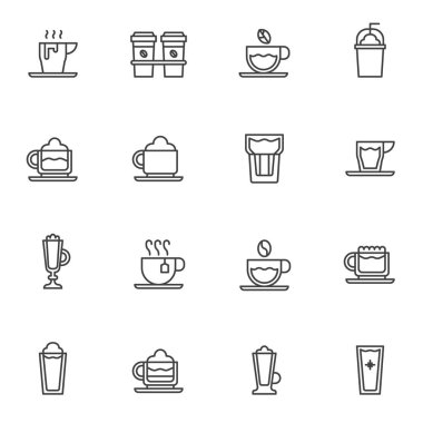 Kahve dükkanının bardakları dizildi. Doğrusal biçim sembolleri koleksiyonu, ana tabela işaretleri paketi. Vektör grafikleri. Set, kahve fincanı, frappe bardağı, sıcak çay, kapuçino bardağı, su bardağı gibi simgeleri içerir