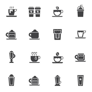 Kahve fincanı ikonları seti, modern katı sembol koleksiyonu, doldurulmuş resim paketi. İşaretler, logo illüstrasyonu. Set, kahve fincanı, frappe bardağı, sıcak çay, cappuccino gibi simgeleri içerir 