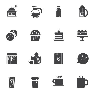 Kahve dükkanı menü ikonları seti, modern katı sembol koleksiyonu, doldurulmuş resim paketi. İşaretler, logo illüstrasyonu. Set simgeleri kahve, tatlı keki, menü kitabı, kurabiye olarak yer alır